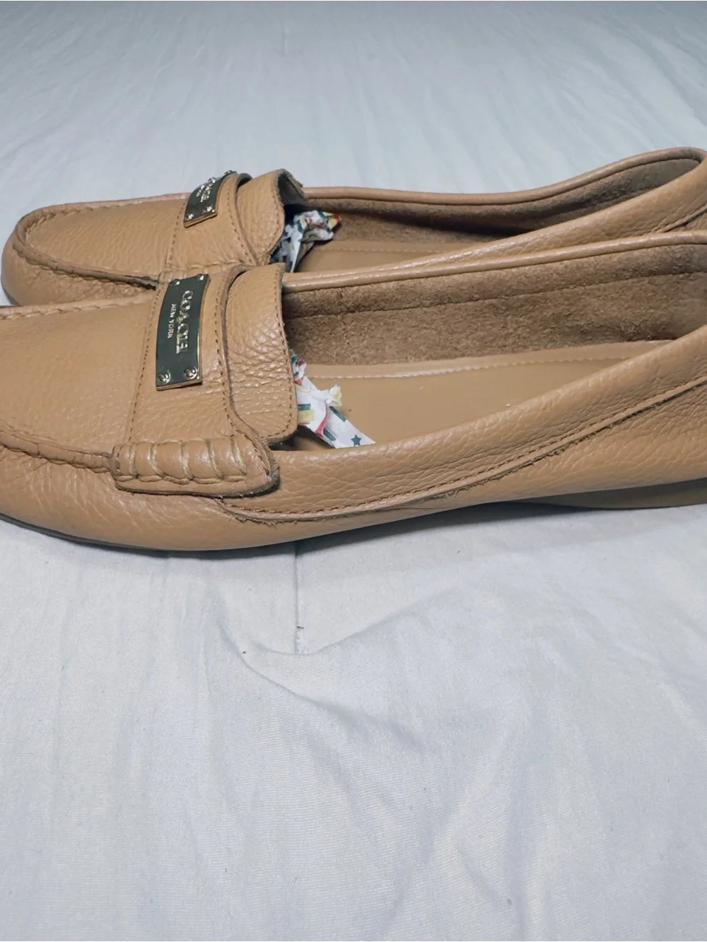 COACH Tan Pebbled Leather Penny Loafers with Gold Plaque